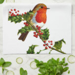Red Robin kitchen towel<br><div class="desc">This item is made with an image of a red robin perching on a holly berry branch</div>