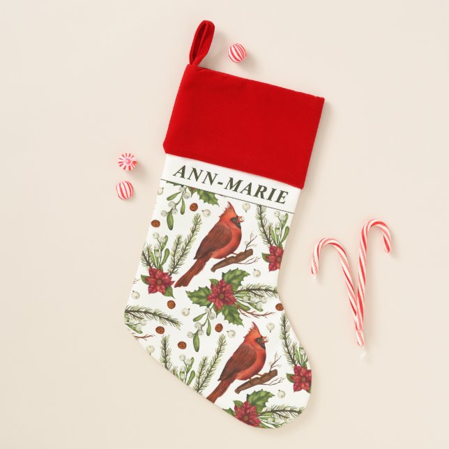 Red robin mistletoe Custom name white background Christmas Stocking (Front)