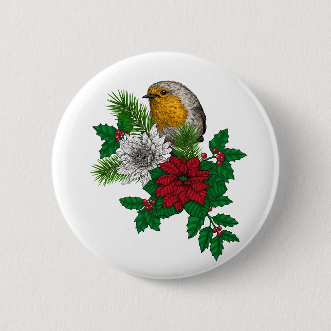 Red robin on Christhmas decoration Button (Front)