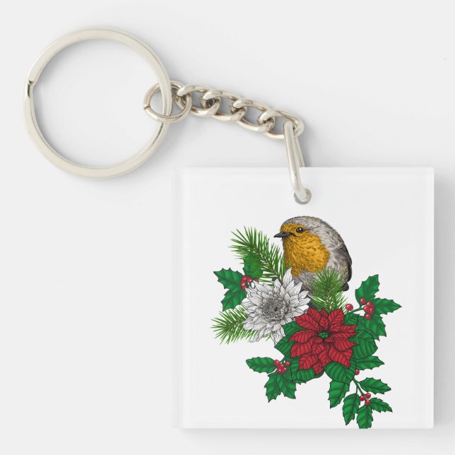 Red robin on Christhmas decoration Keychain (Front)