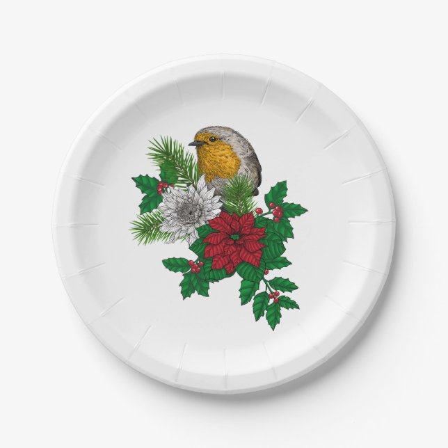 Red robin on Christhmas decoration Paper Plates (Front)