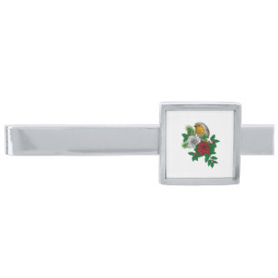 Red robin on Christhmas decoration Silver Finish Tie Bar