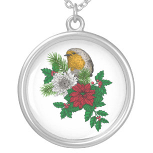 Red robin on Christhmas decoration Silver Plated Necklace