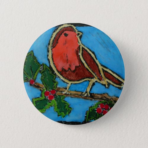 Red Robin on Twig of Holly with Berries Button