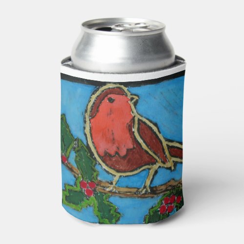 Red Robin on Twig of Holly with Berries Can Cooler