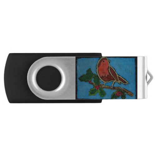 Red Robin on Twig of Holly with Berries Flash Drive