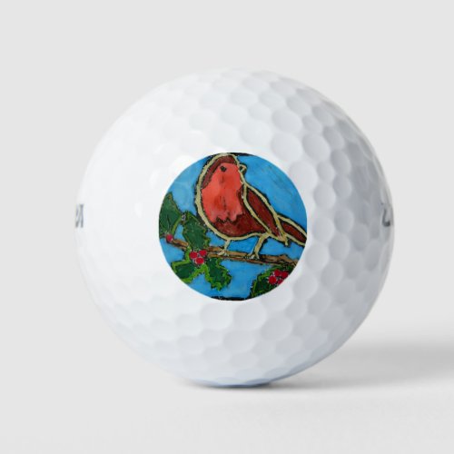 Red Robin on Twig of Holly with Berries Golf Balls
