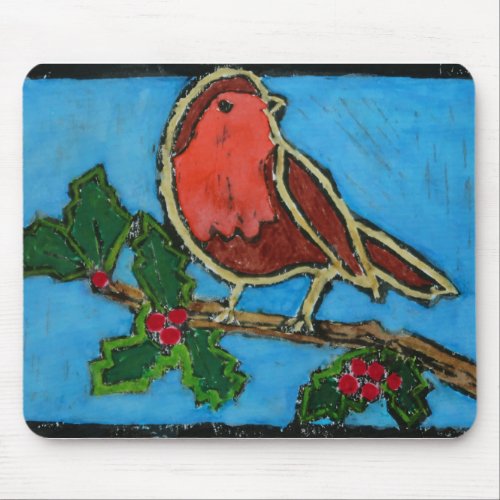 Red Robin on Twig of Holly with Berries Mouse Pad