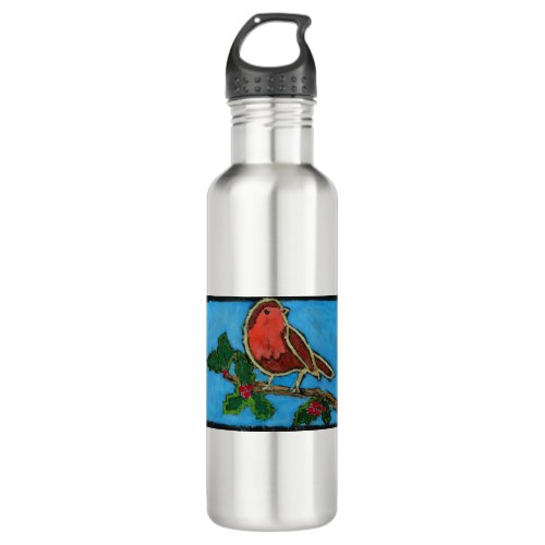 Red Robin on Twig of Holly with Berries Stainless Steel Water Bottle