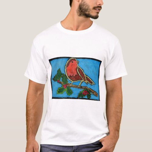 Red Robin on Twig of Holly with Berries T_Shirt