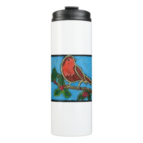 Red Robin on Twig of Holly with Berries Thermal Tumbler