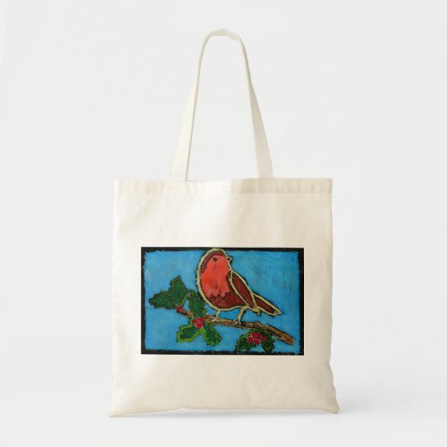 Red Robin on Twig of Holly with Berries Tote Bag