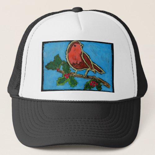 Red Robin on Twig of Holly with Berries Trucker Hat
