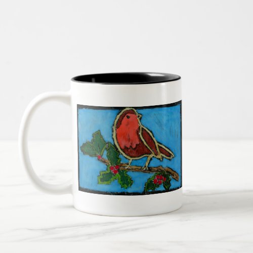 Red Robin on Twig of Holly with Berries Two_Tone Coffee Mug