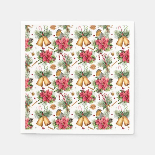 Red Robin Poinsettia Bells Christmas Napkins (Front)