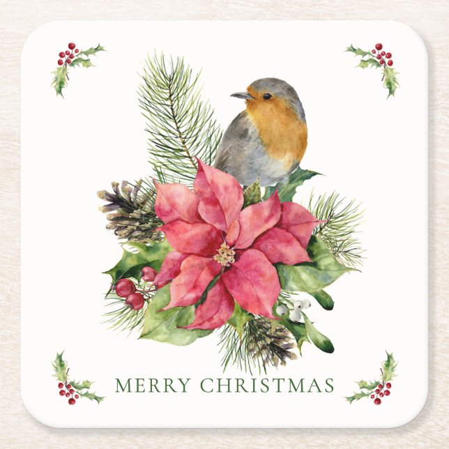 Red Robin Poinsettia Christmas Paper Coaster (Front)