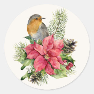 Red robin, Poinsettia, pine, holly Christmas Classic Round Sticker