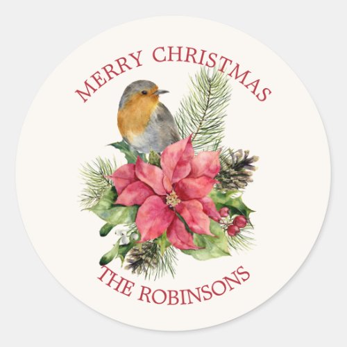 Red robin Poinsettia pine holly  Christmas Classic Round Sticker