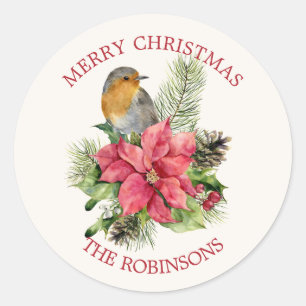 Red robin, Poinsettia, pine, holly Christmas Classic Round Sticker