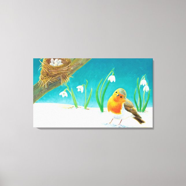 Red Robin Spring Snowdrops Illustration  Canvas Print (Front)