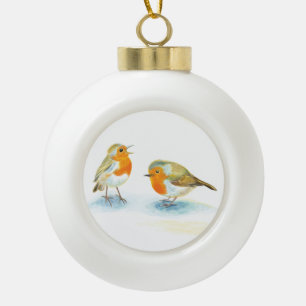 Red Robins in Winter  Ceramic Ball Christmas Ornament