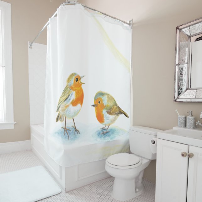Red Robins in Winter Shower Curtain (In Situ)