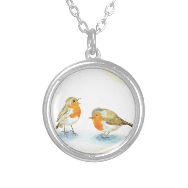 Red Robins in Winter   Silver Plated Necklace (Front)