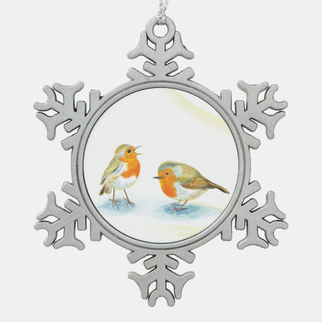 Red Robins in Winter    Snowflake Pewter Christmas Ornament (Front)