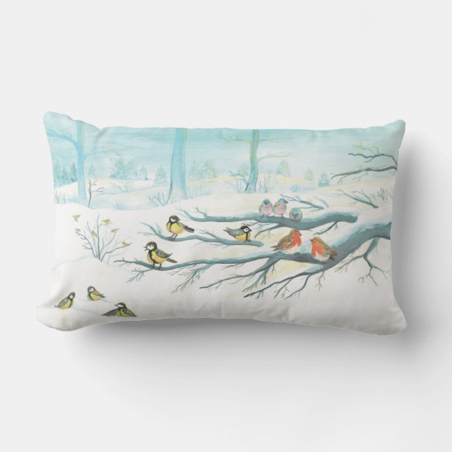 Red Robins & Tit Birds in Winter Forest   Lumbar Pillow (Front)