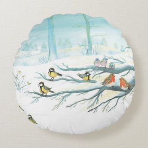 Red Robins & Tit Birds in Winter Forest   Round Pillow