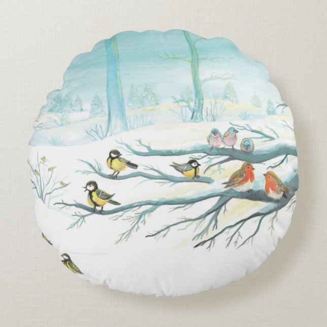 Red Robins & Tit Birds in Winter Forest   Round Pillow (Front)
