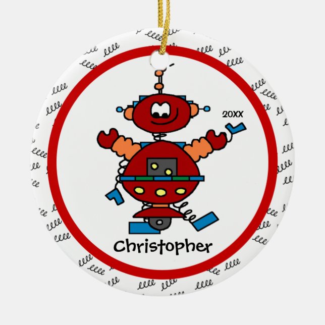 Red Robot Personalized Boy Christmas Ornament (Front)