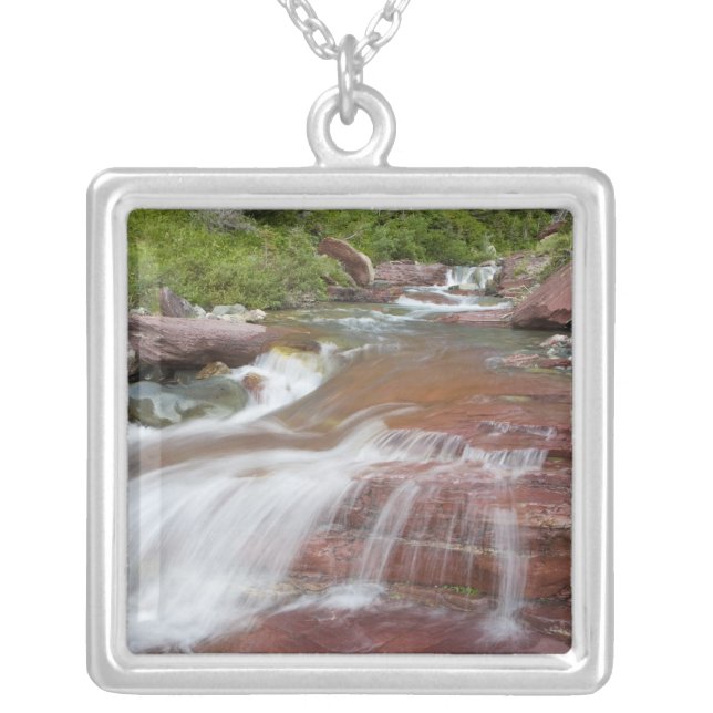 Red rock in Baring Creek in Glacier National Silver Plated Necklace (Front)
