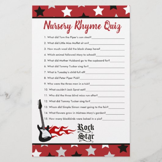 Red Rock Star Baby Shower Nursery Rhyme Quiz (Front)