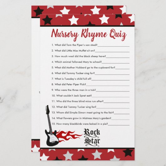 Red Rock Star Baby Shower Nursery Rhyme Quiz (Front/Back)