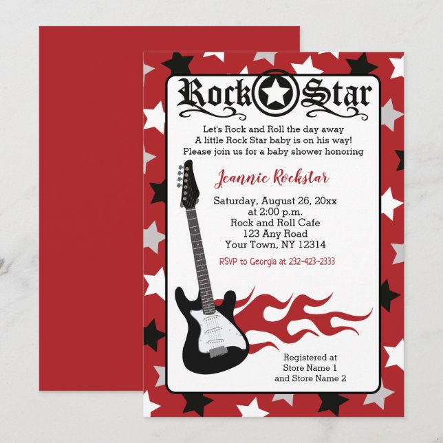 Red Rock Star Guitar Rock a Bye Shower Invitations (Front/Back)