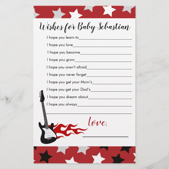 Red Rock Star Music Baby Shower Wishes for Baby (Front)