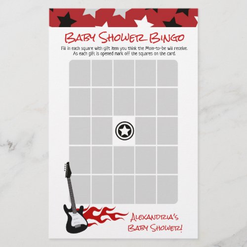 Red Rock Star Rock a bye Baby Shower Bingo Game