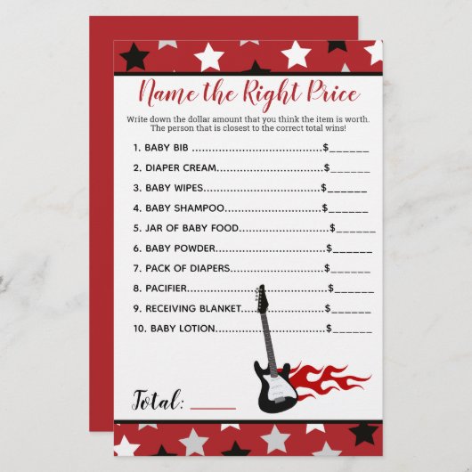 Red Rock Star Rockabye Name the Price Shower Game (Front/Back)