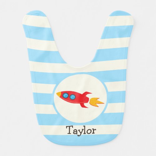 Red Rocket Space Ship Light Blue Stripes Baby Bib