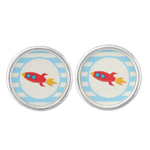 Red Rocket Space Ship; Light Blue Stripes Cufflinks