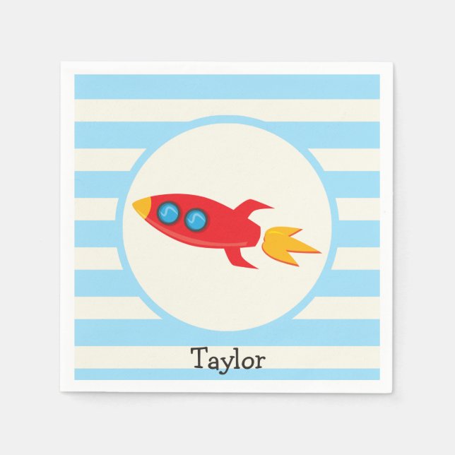 Red Rocket Space Ship; Light Blue Stripes Paper Napkins (Front)