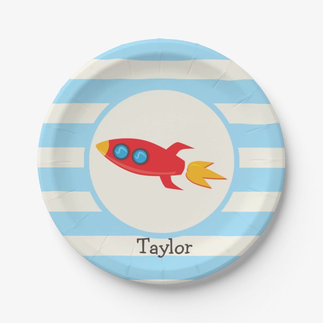 Red Rocket Space Ship; Light Blue Stripes Paper Plates (Front)