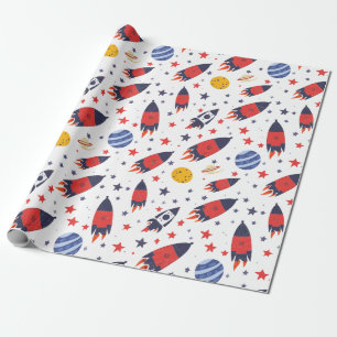 Red Rockets Stars and Planets  Wrapping Paper