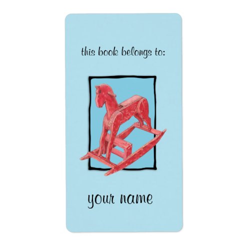 Red Rocking Horse blue Bookplate Label