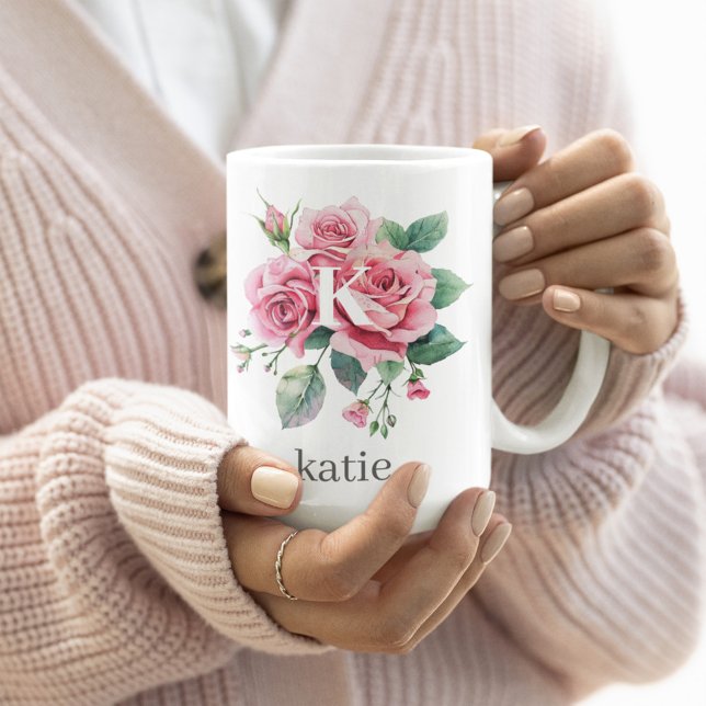 Red Roes Flowers With Elegant Monogram Name Custom Coffee Mug (Creator Uploaded)