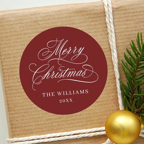 Red Romantic Calligraphy Merry Christmas  Classic Round Sticker