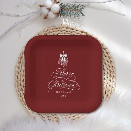 Red Romantic Calligraphy Merry Christmas Holiday Paper Plates