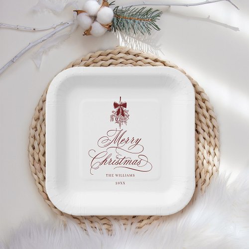 Red Romantic Calligraphy Merry Christmas Holiday Paper Plates