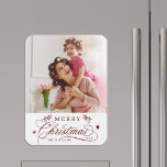 Red Romantic Calligraphy Merry Christmas Photo Magnet<br><div class="desc">Romantic and elegant holiday photo kitchen magnet.  For more advanced customization of this design,  please click the Customize Further link to change the font,  size,  color,   etc.</div>